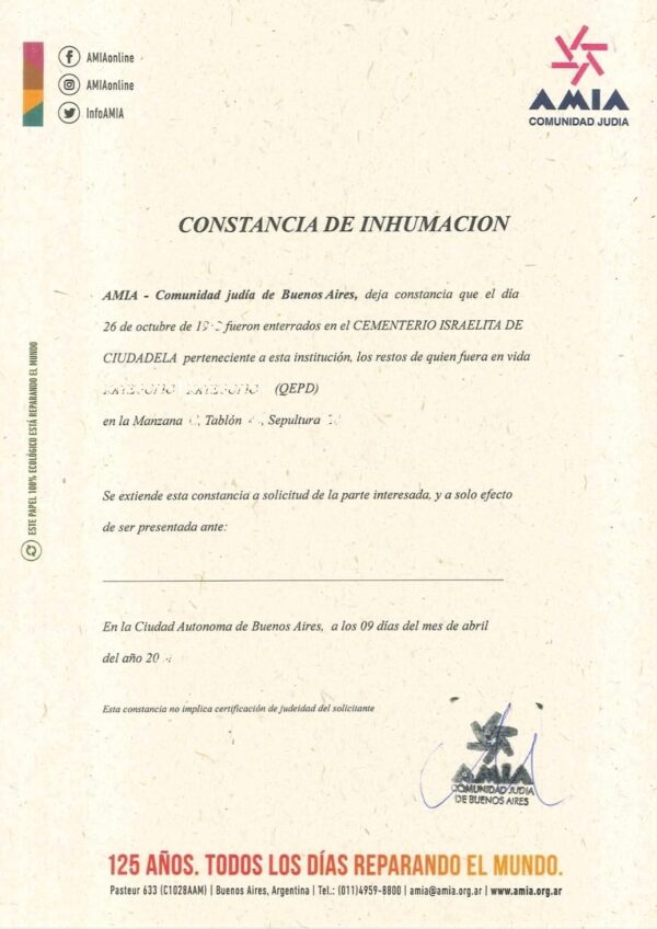 Certificate of burial